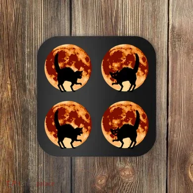 Halloween Cat with Full Moon Phases Coaster