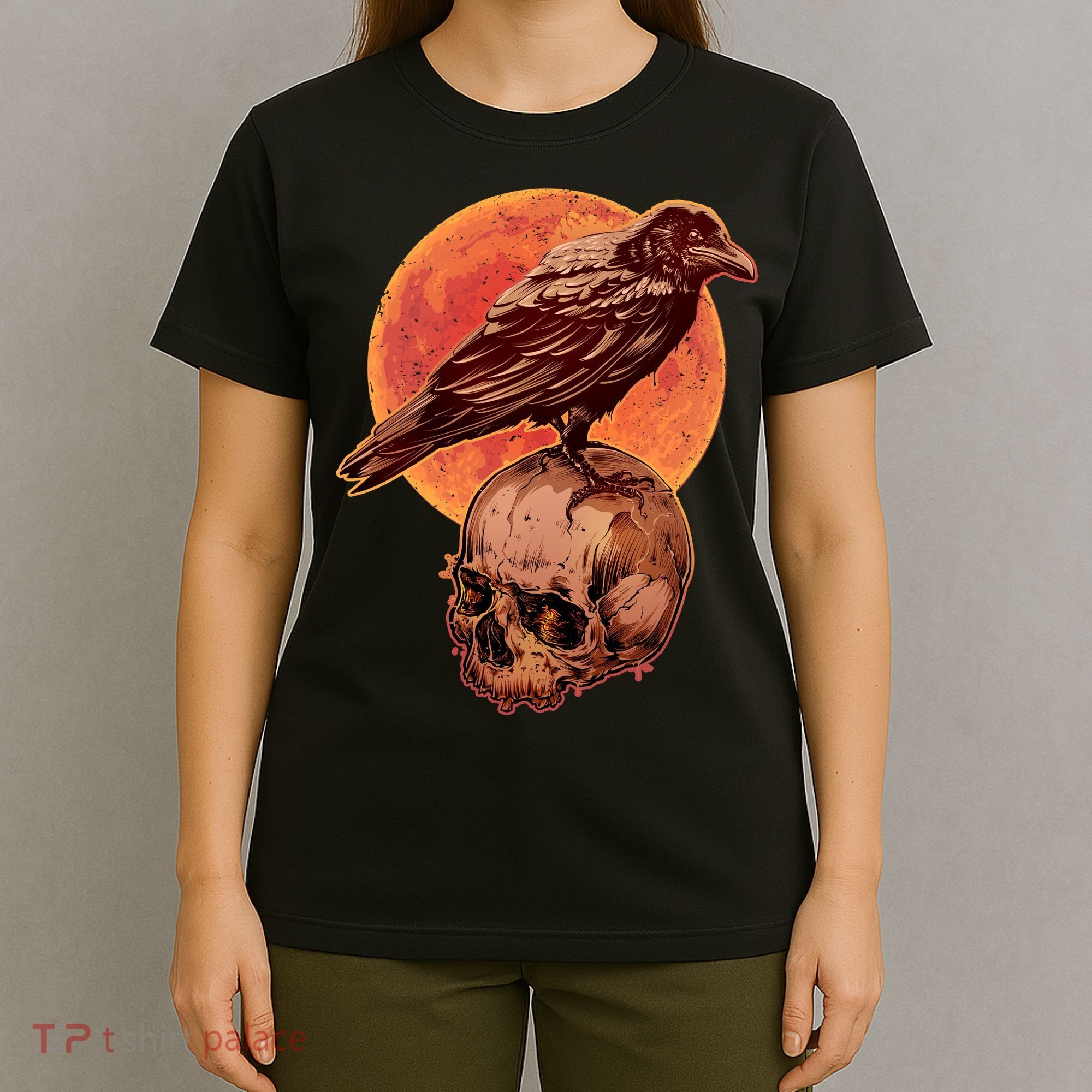 Halloween Cool Raven Crow Skull And Moon T-Shirt
