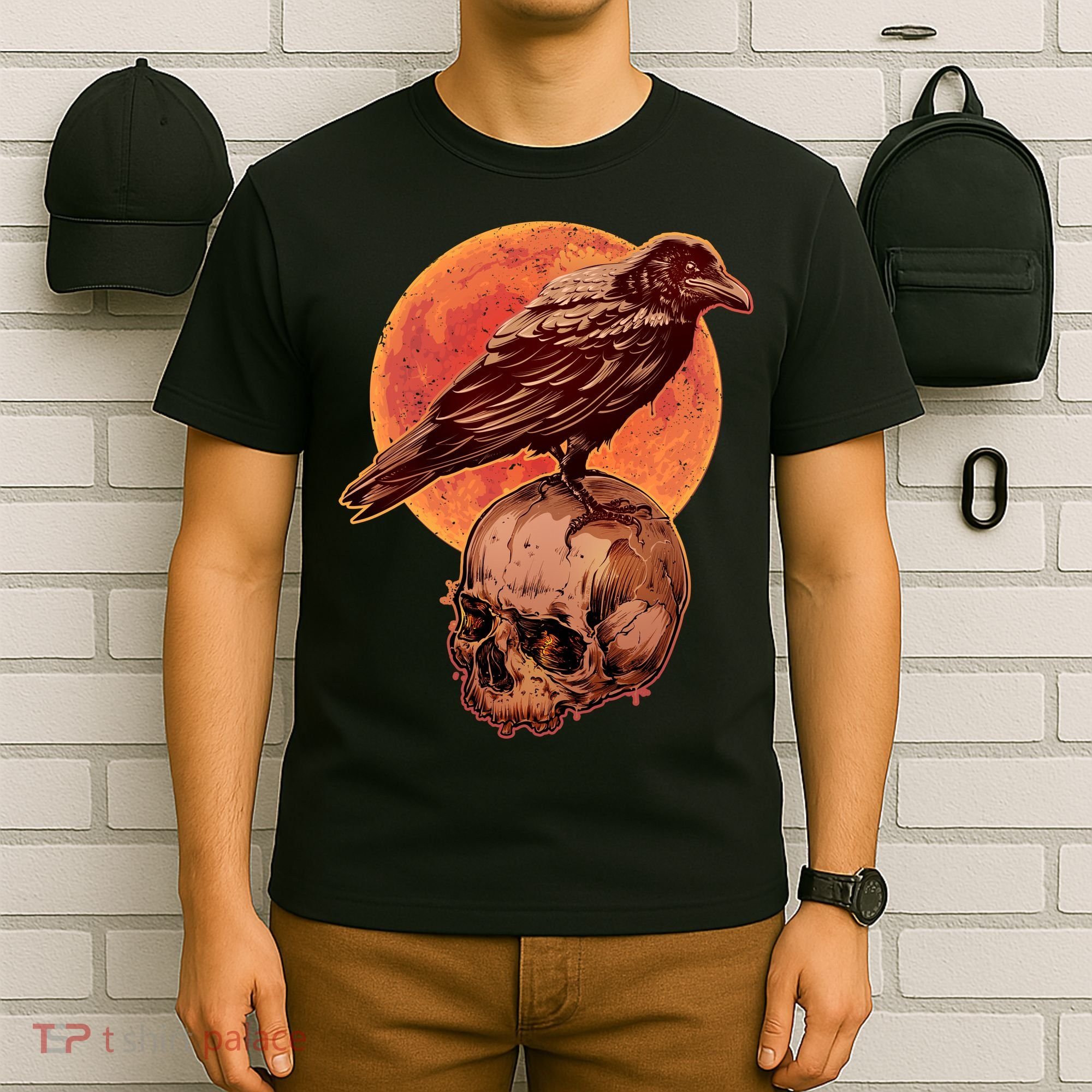 Halloween Cool Raven Crow Skull And Moon T-Shirt