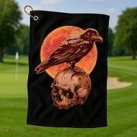 Halloween Cool Raven Crow Skull And Moon Golf Towel thumb 1