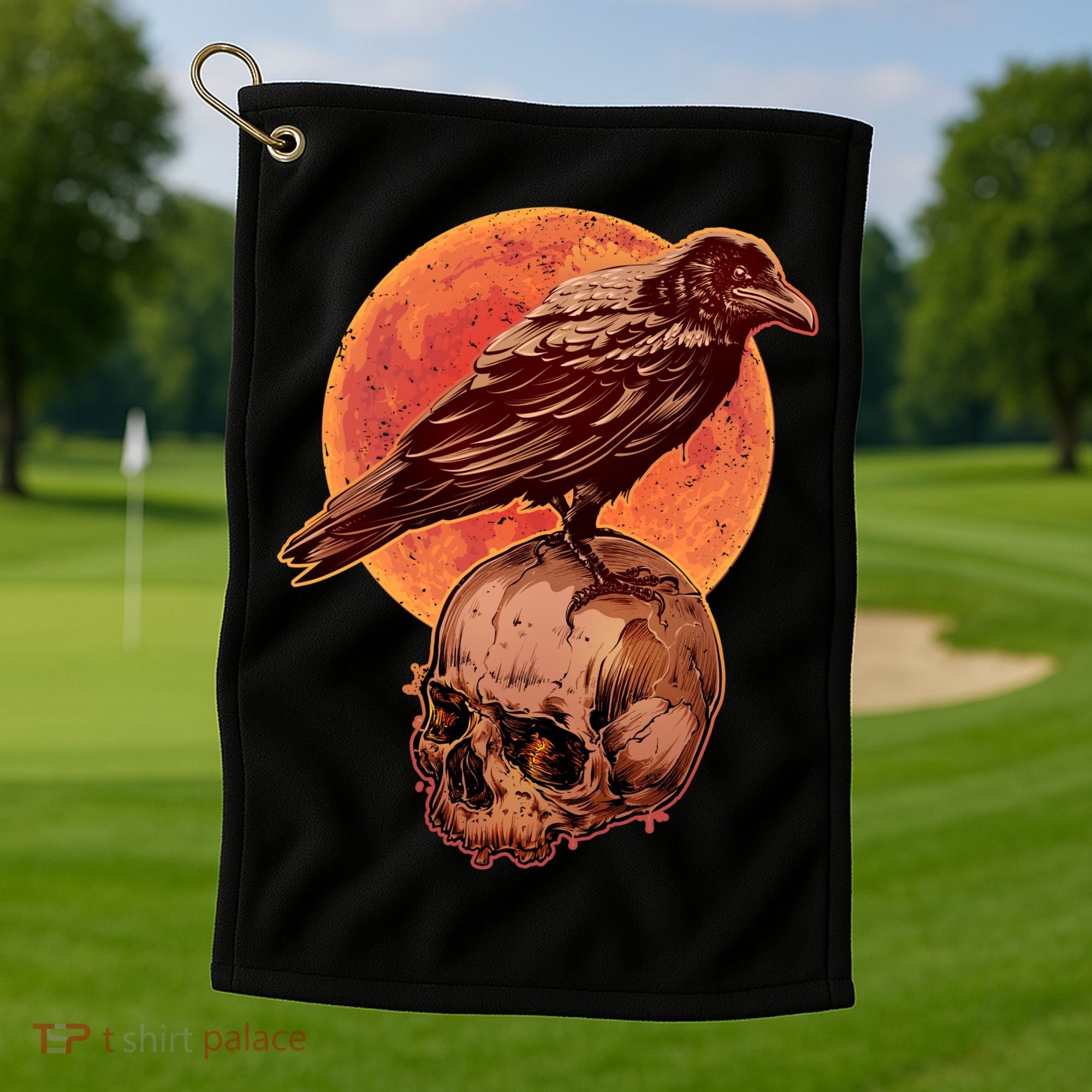 Halloween Cool Raven Crow Skull And Moon Golf Towel