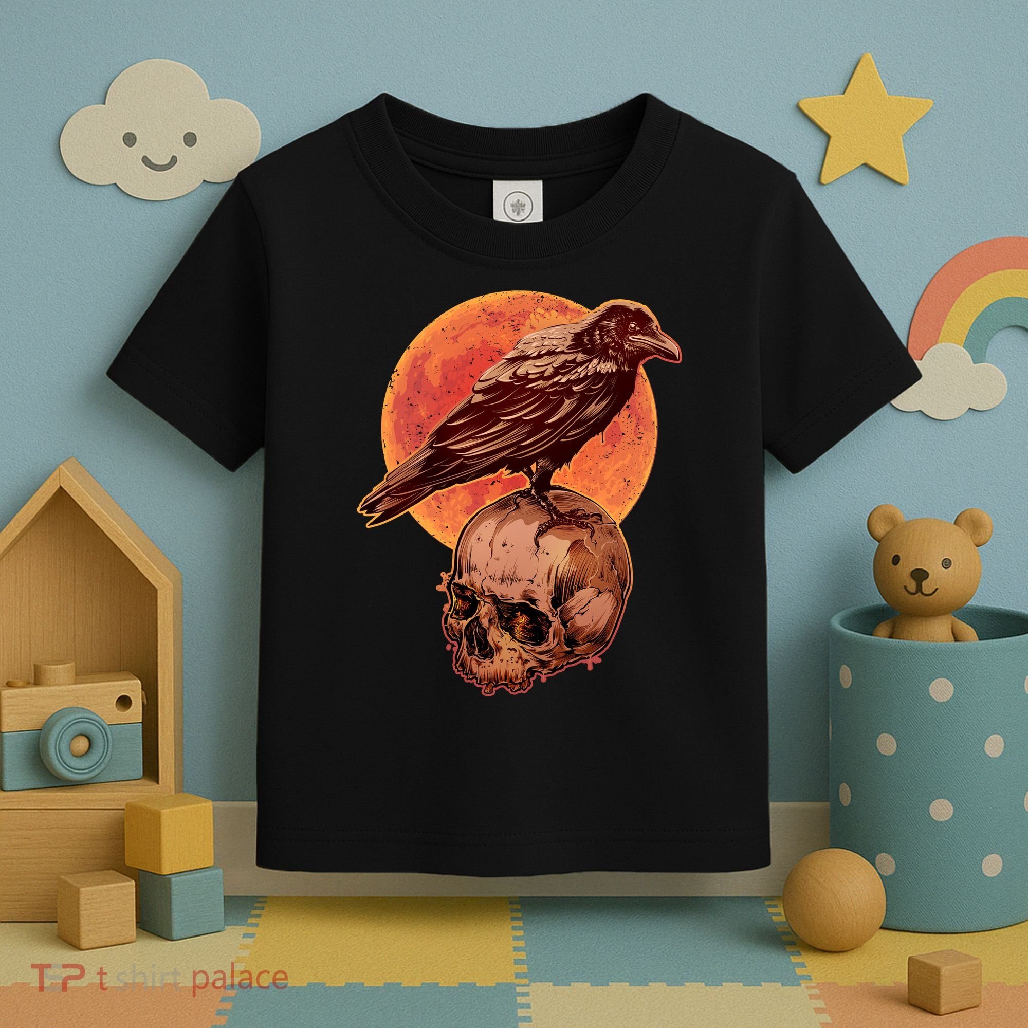 Halloween Cool Raven Crow Skull And Moon Toddler T-Shirt
