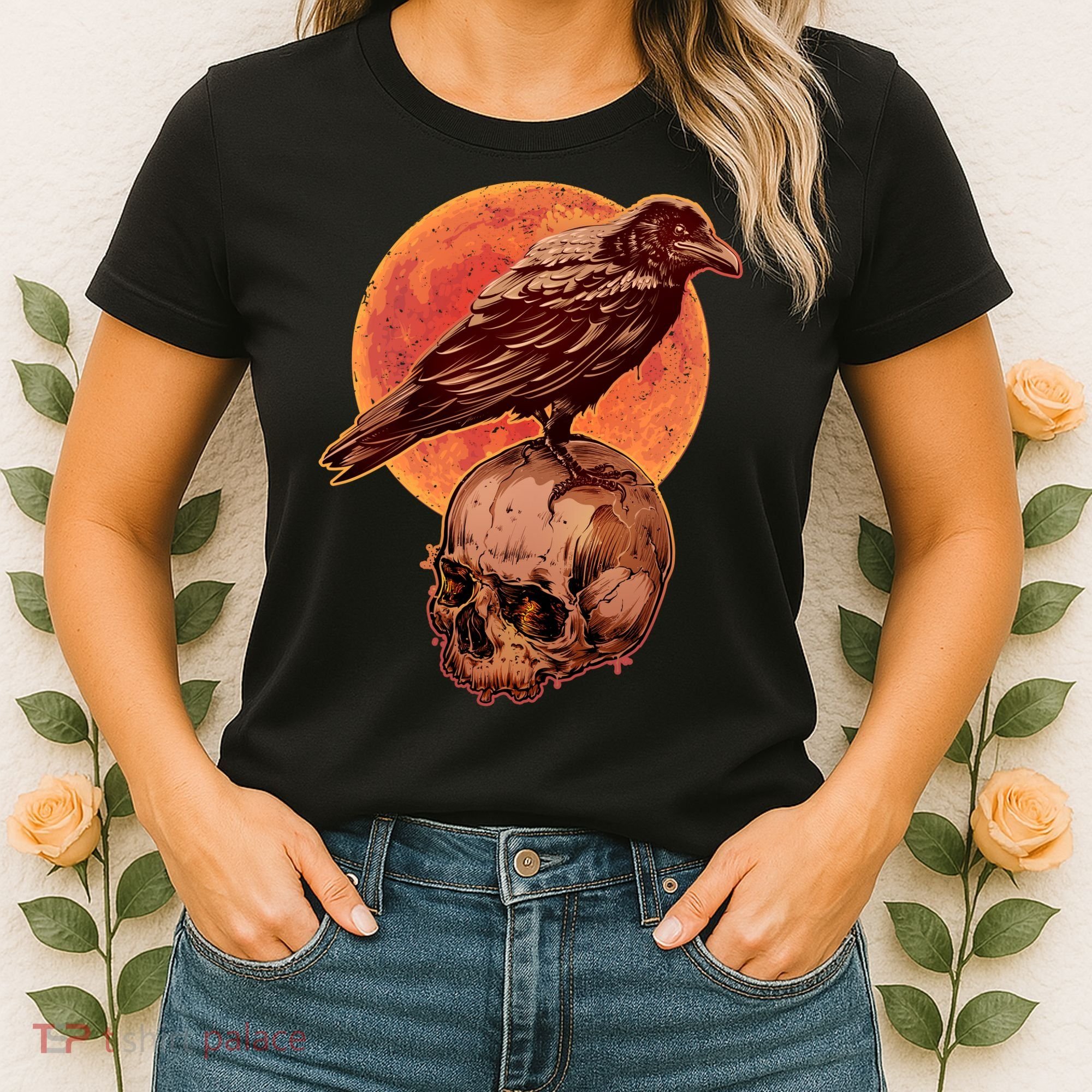 Halloween Cool Raven Crow Skull And Moon Women's T-Shirt
