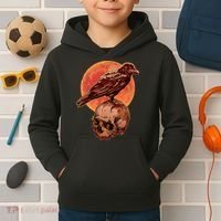 Halloween Cool Raven Crow Skull And Moon Kids Hoodie thumb 2