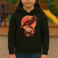 Halloween Cool Raven Crow Skull And Moon Kids Hoodie thumb 3