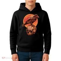Halloween Cool Raven Crow Skull And Moon Kids Hoodie thumb 4