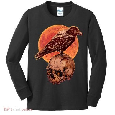 Halloween Cool Raven Crow Skull And Moon Kids Long Sleeve Shirt