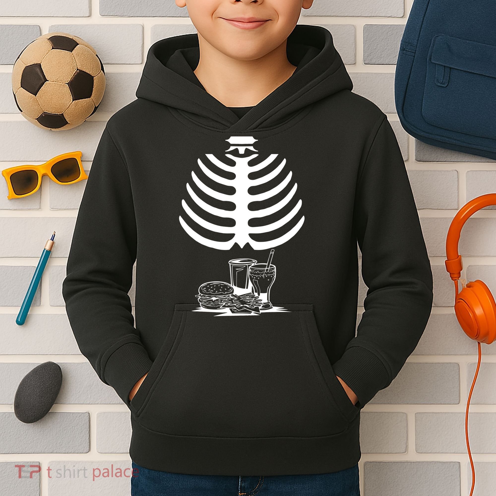 Halloween fast food skeleton Kids Hoodie