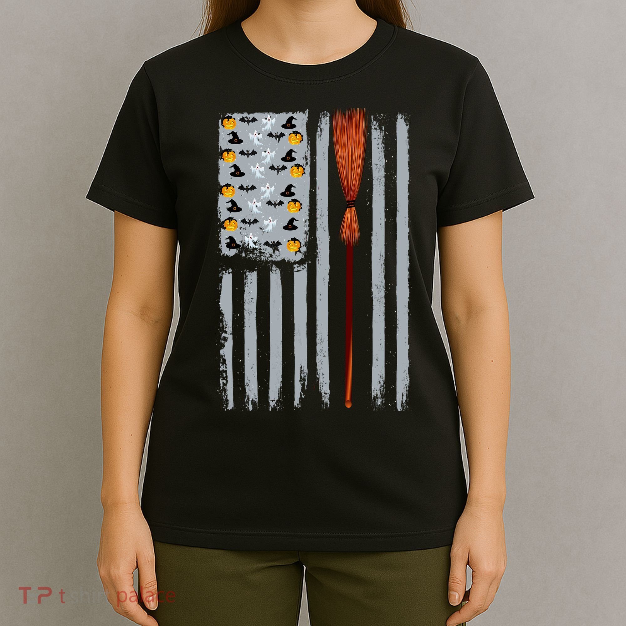 Halloween Flag Witches Broomstick American Flag USA T-Shirt