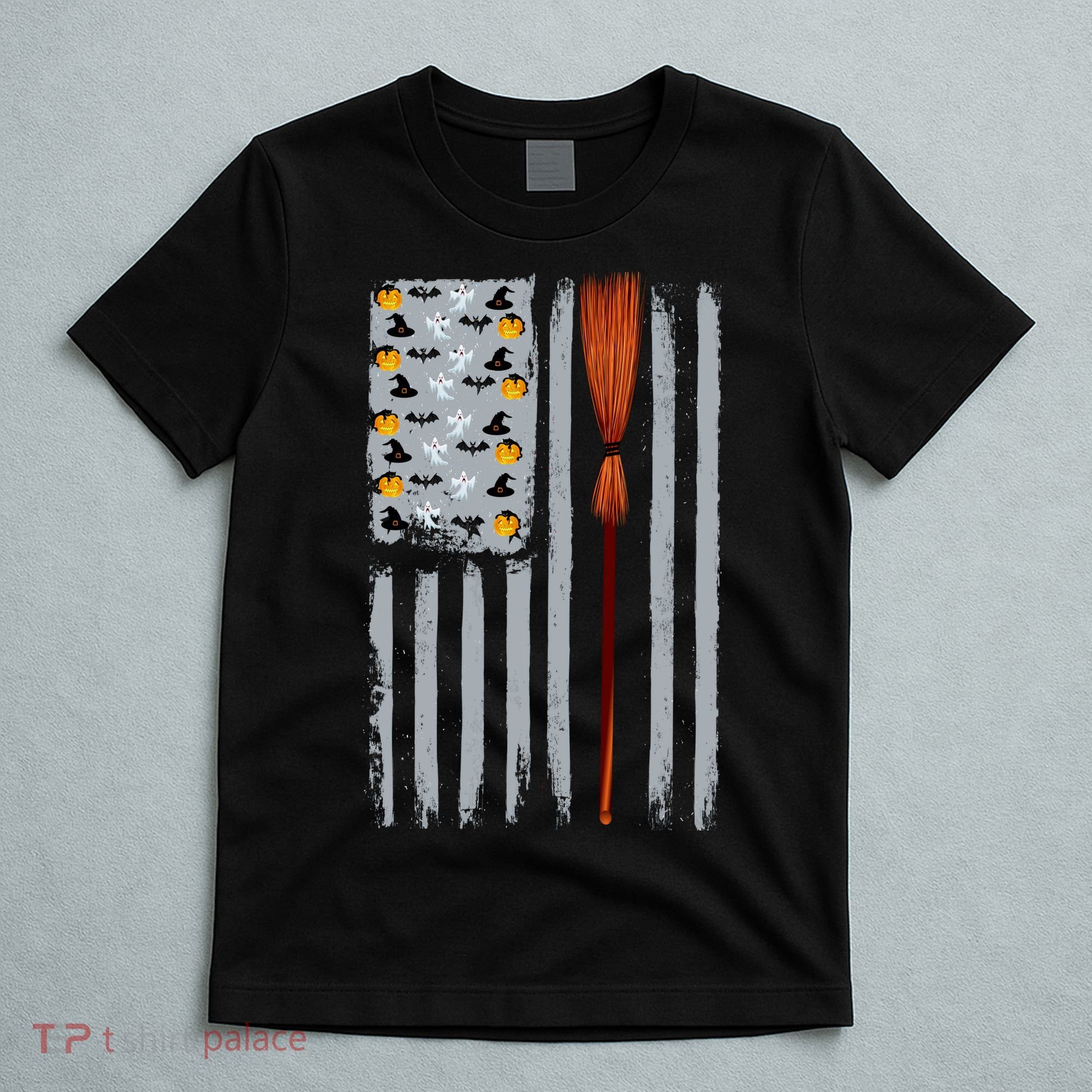 Halloween Flag Witches Broomstick American Flag USA T-Shirt
