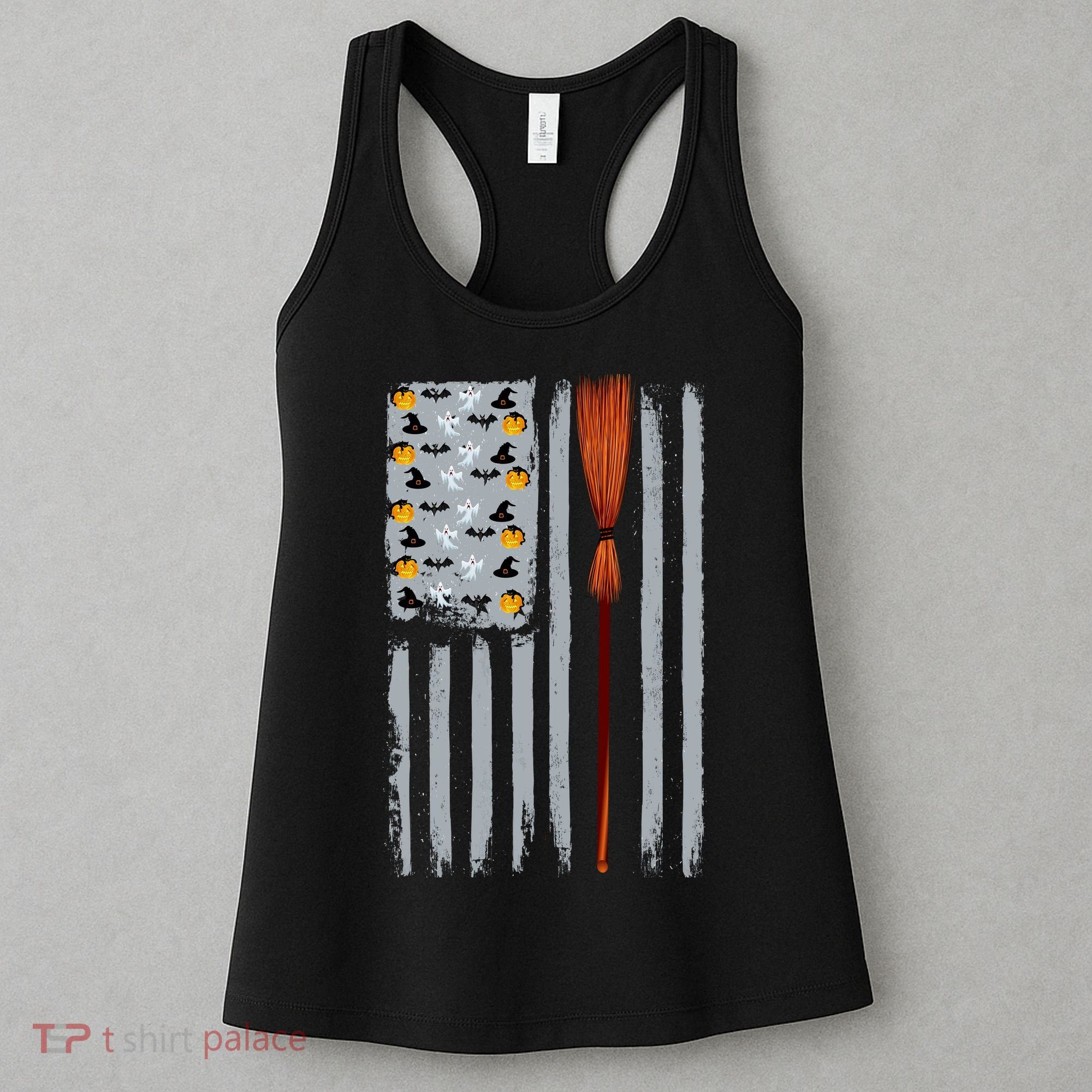 Halloween Flag Witches Broomstick American Flag USA Women's Tank Top