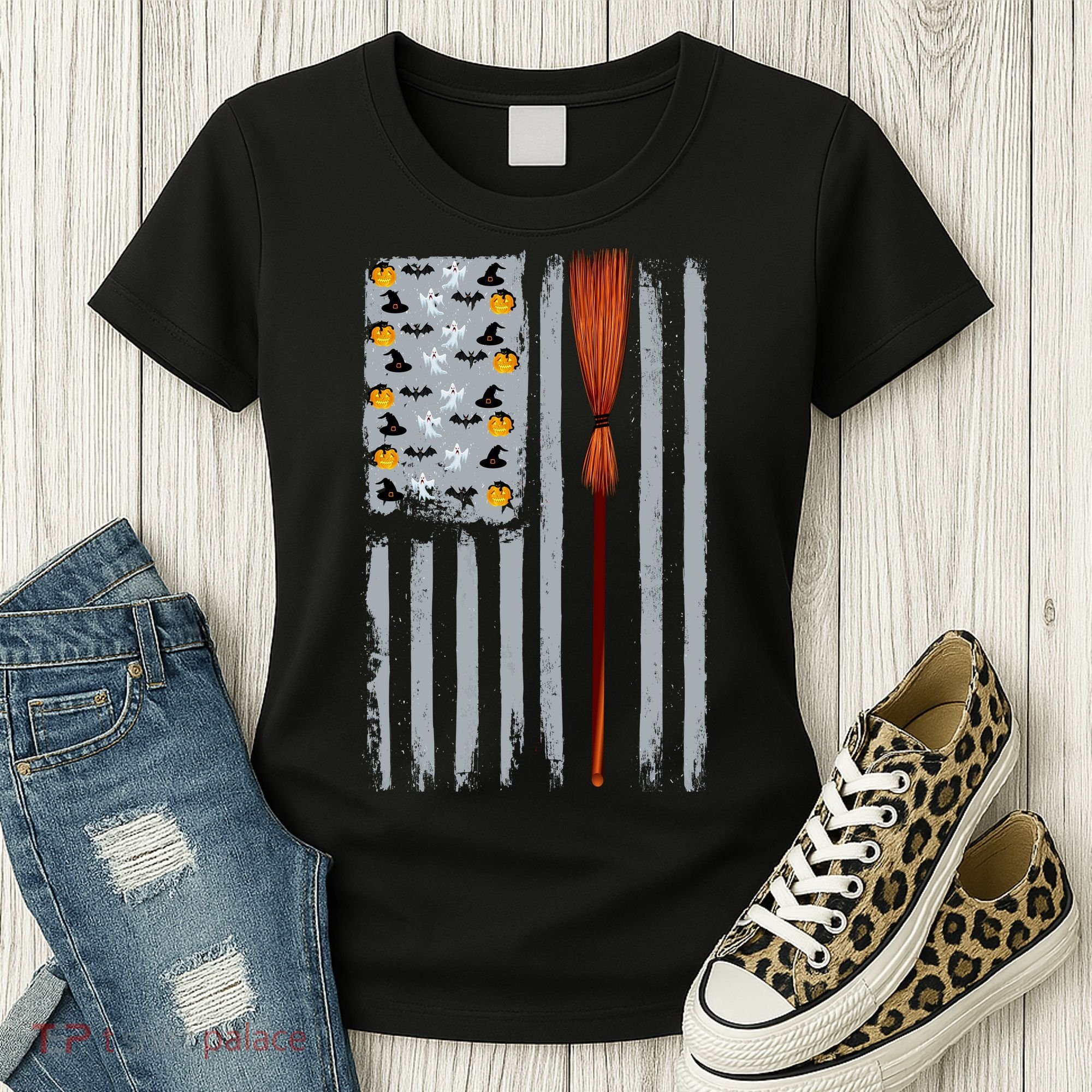 Halloween Flag Witches Broomstick American Flag USA Women's T-Shirt