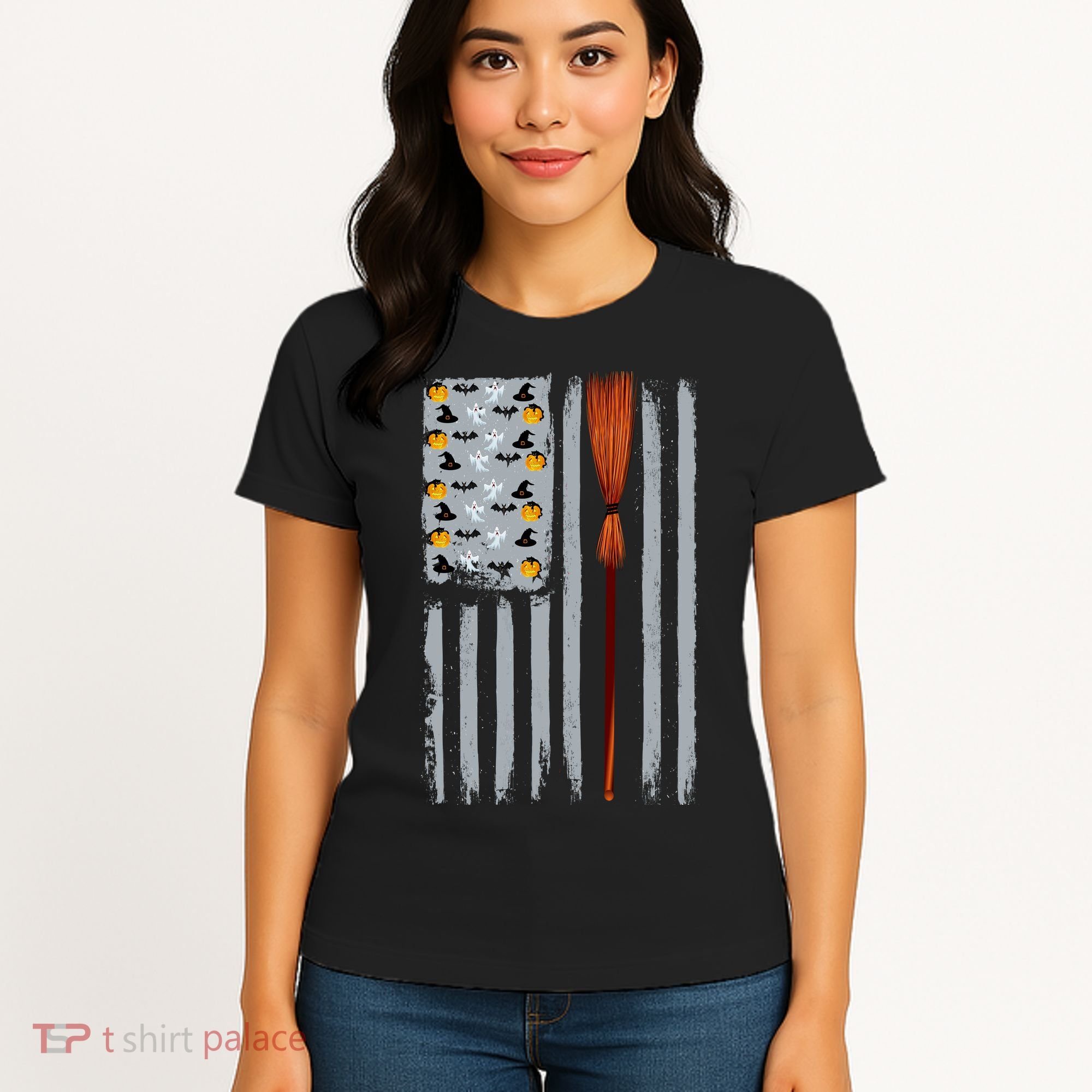 Halloween Flag Witches Broomstick American Flag USA Women's T-Shirt