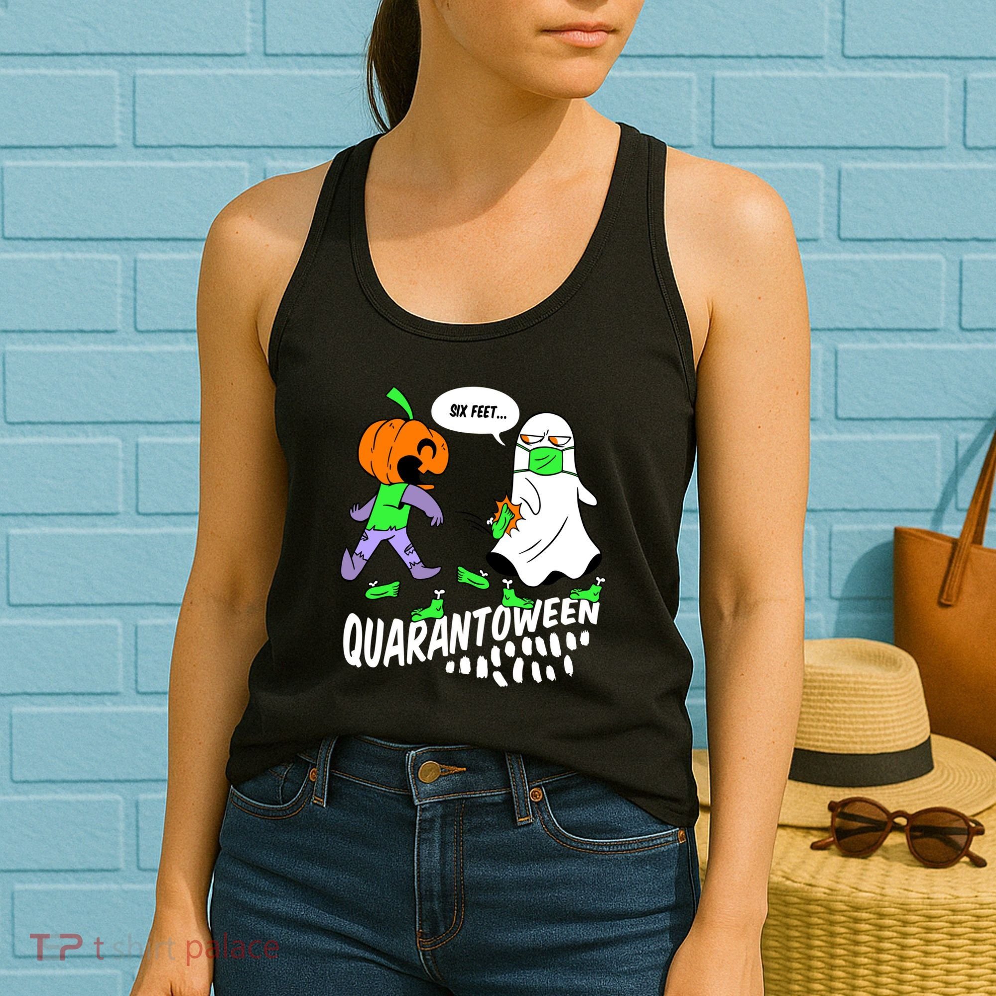 Halloween Funny Quarantoween 6 Feet Pumpkin Ghost Women's Tank Top