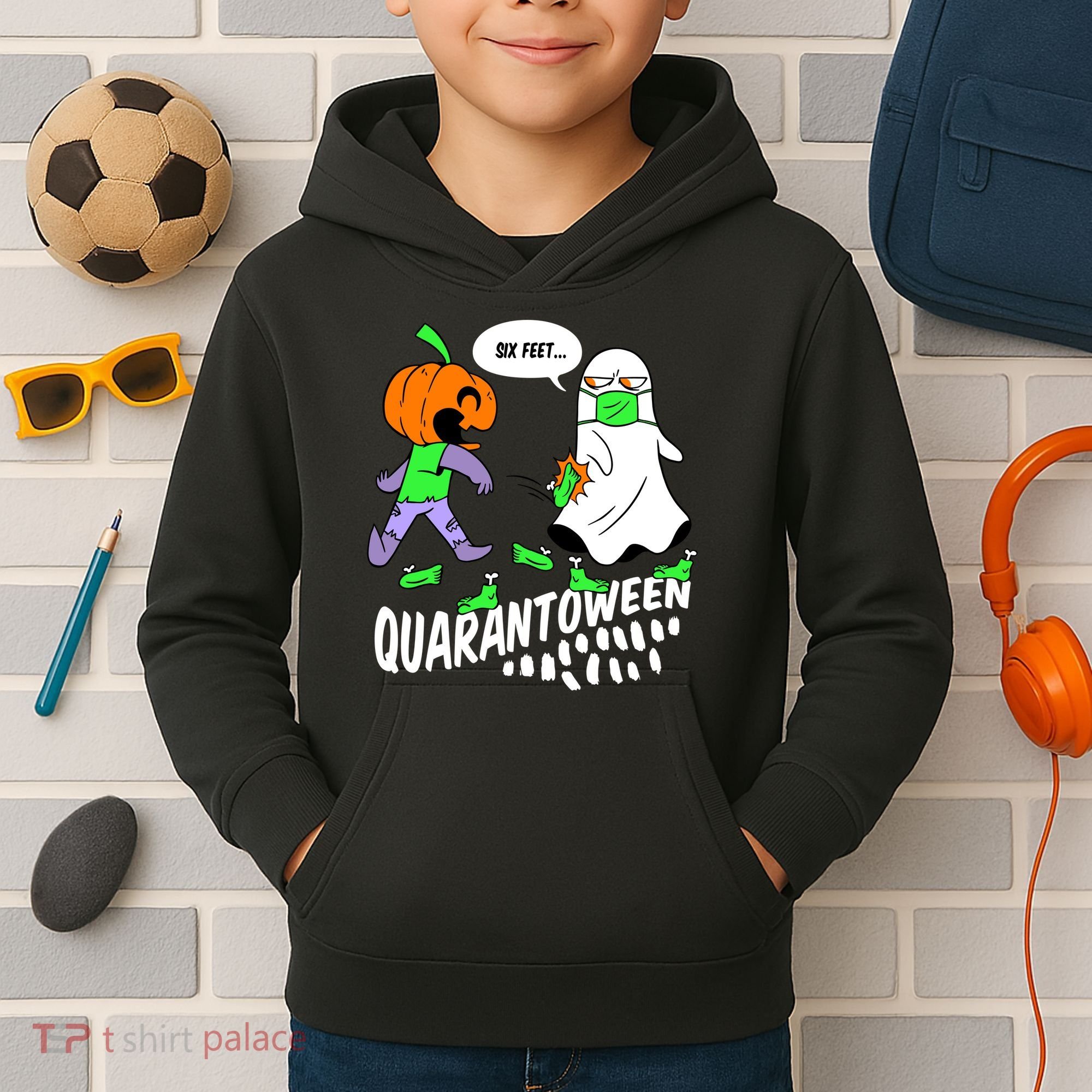 Halloween Funny Quarantoween 6 Feet Pumpkin Ghost Kids Hoodie