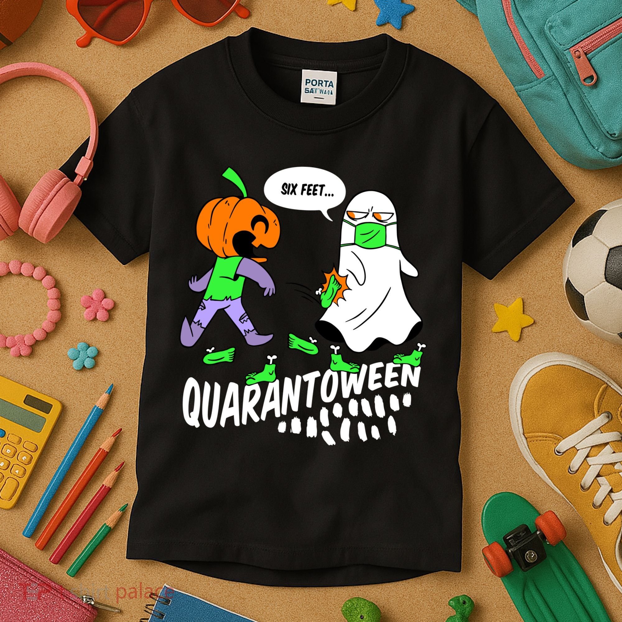 Halloween Funny Quarantoween 6 Feet Pumpkin Ghost Kids T-Shirt