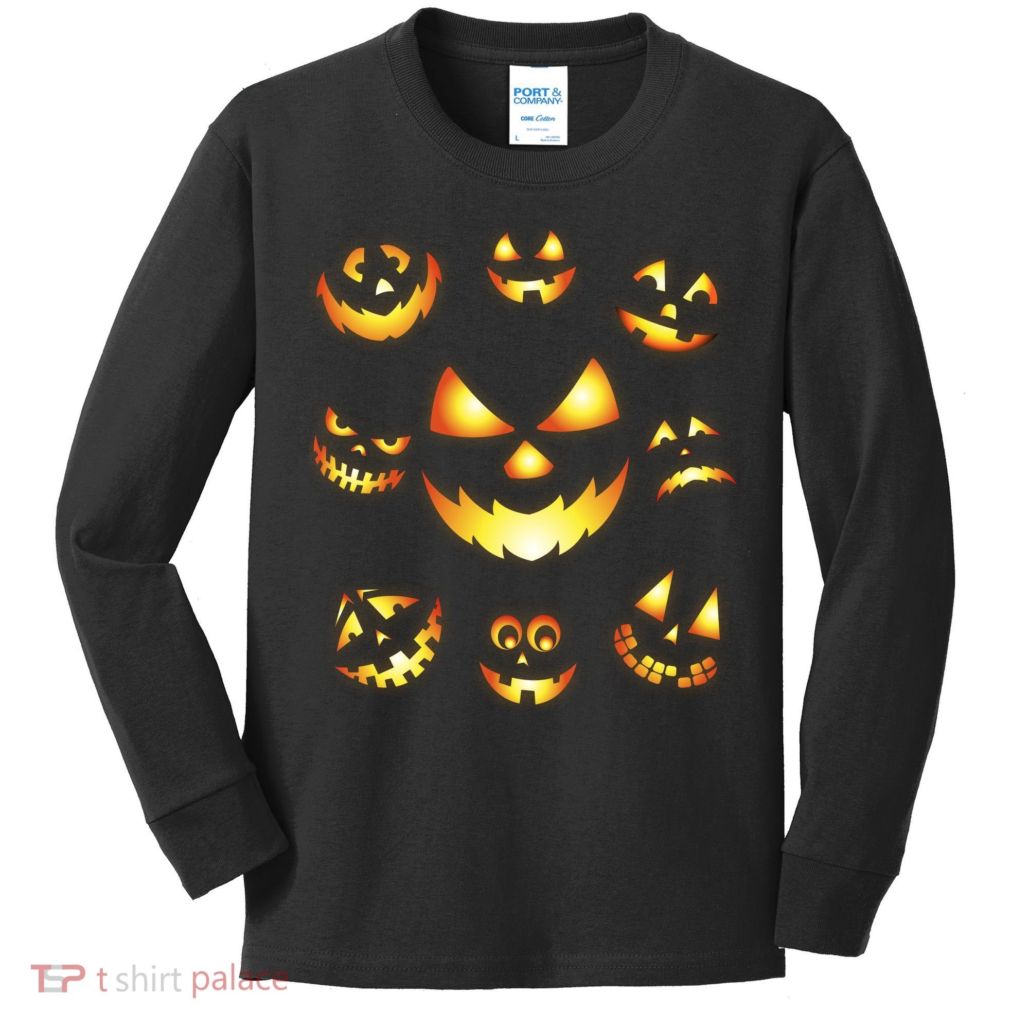 Halloween Jack O'Lantern Pumpkin Faces Kids Long Sleeve Shirt