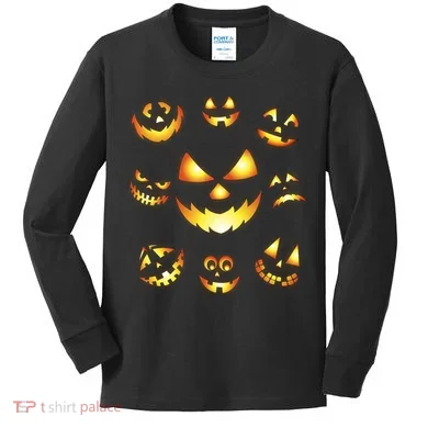 Halloween Jack O'Lantern Pumpkin Faces Kids Long Sleeve Shirt