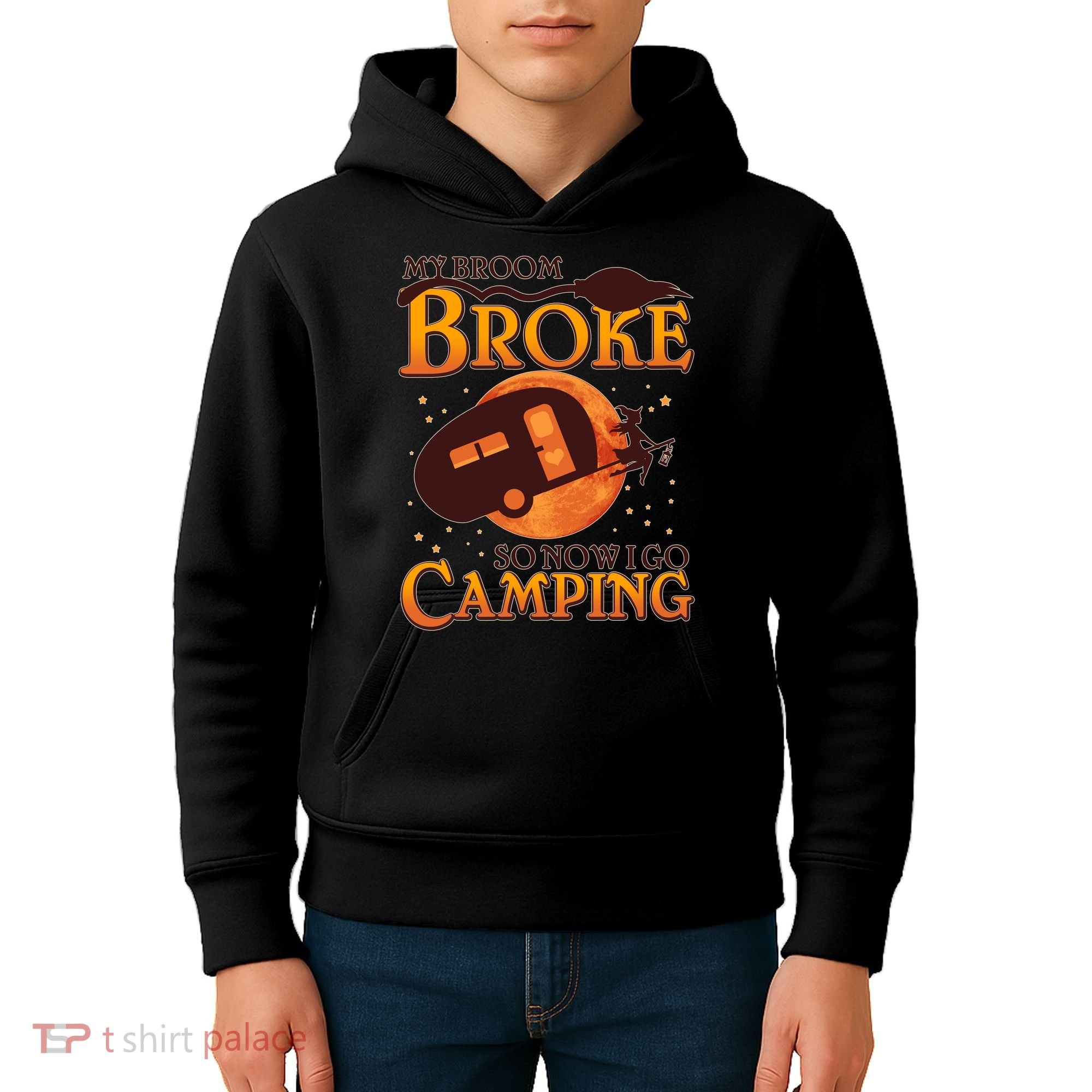 Halloween My Broom Broke So Now I Go Camping Kids Hoodie