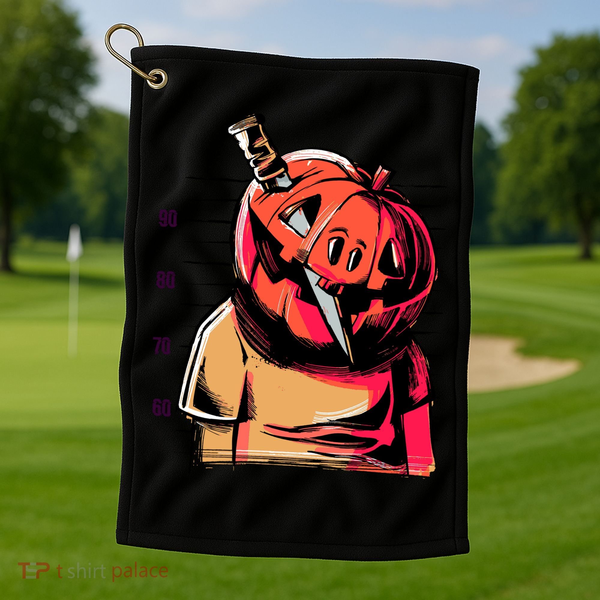 Halloween Pumpkin Head Knife Mug Shot Golf Towel