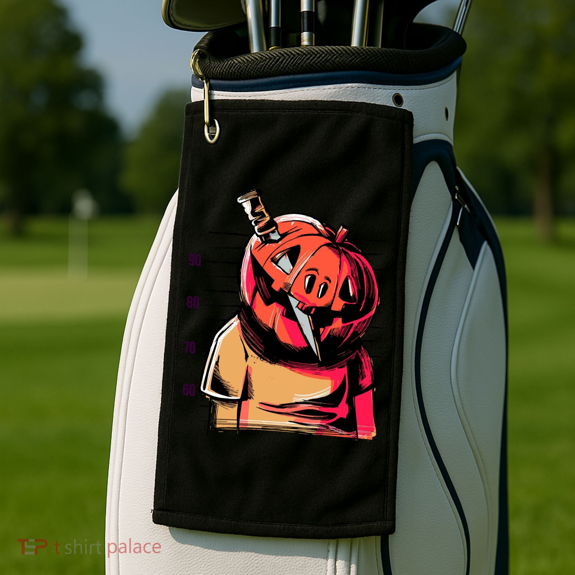 Halloween Pumpkin Head Knife Mug Shot Golf Towel