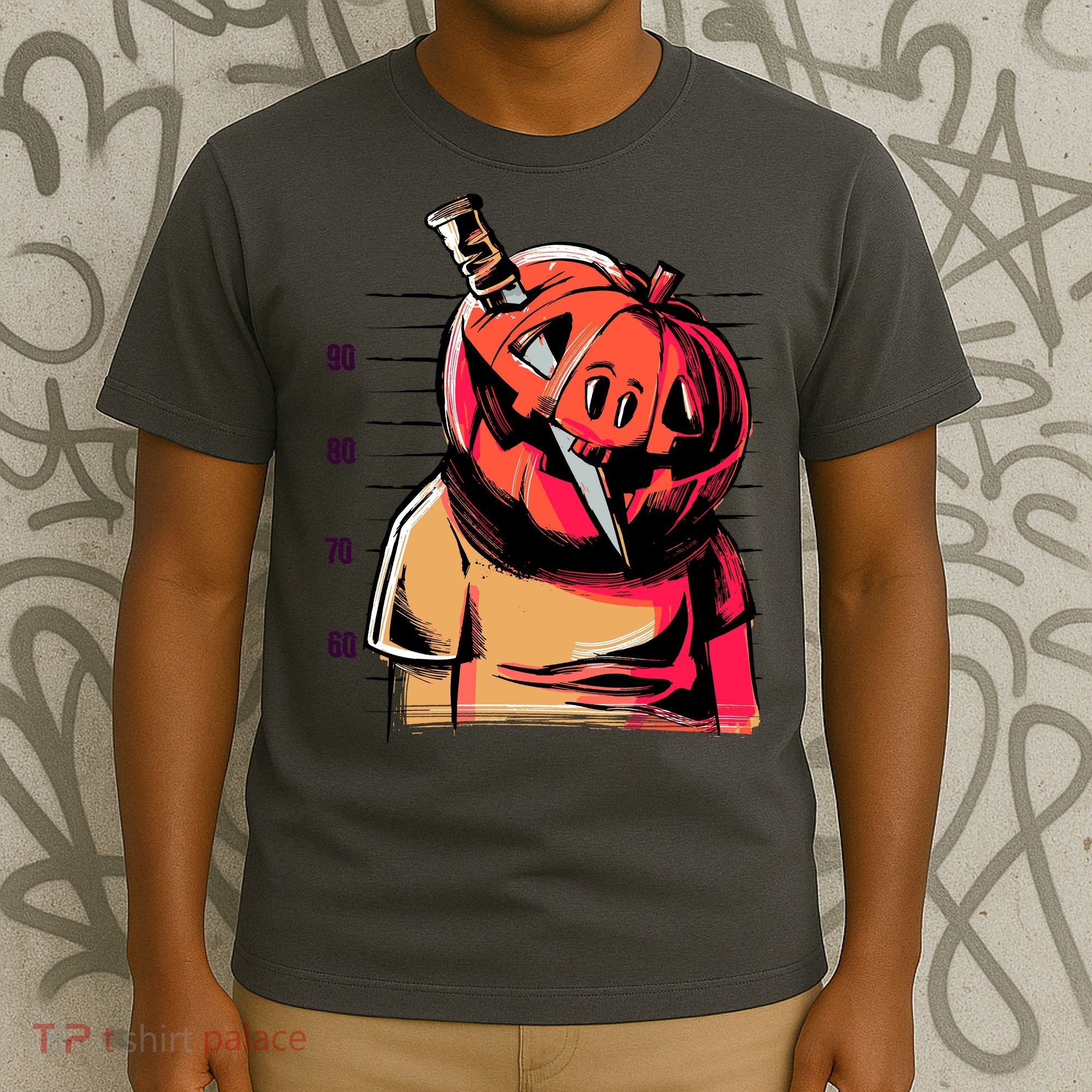 Halloween Pumpkin Head Knife Mug Shot T-Shirt