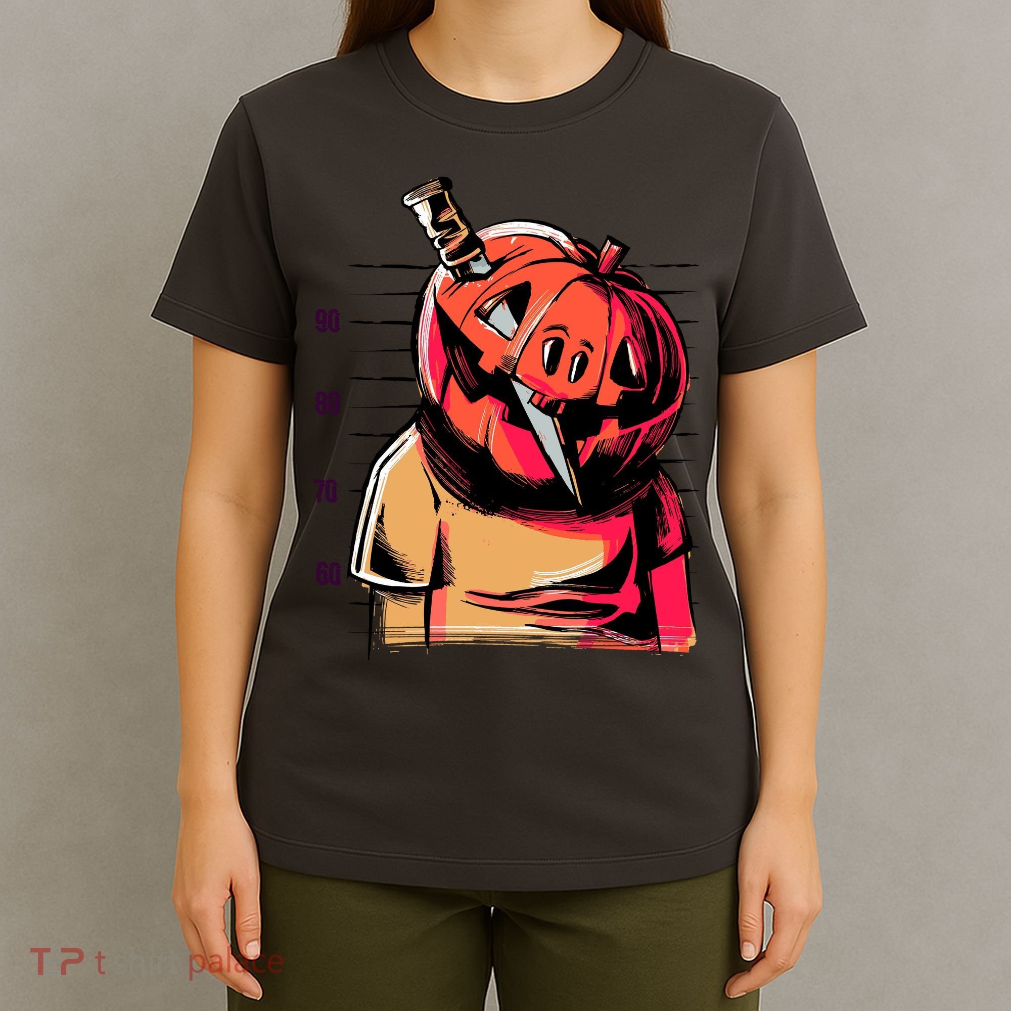 Halloween Pumpkin Head Knife Mug Shot T-Shirt