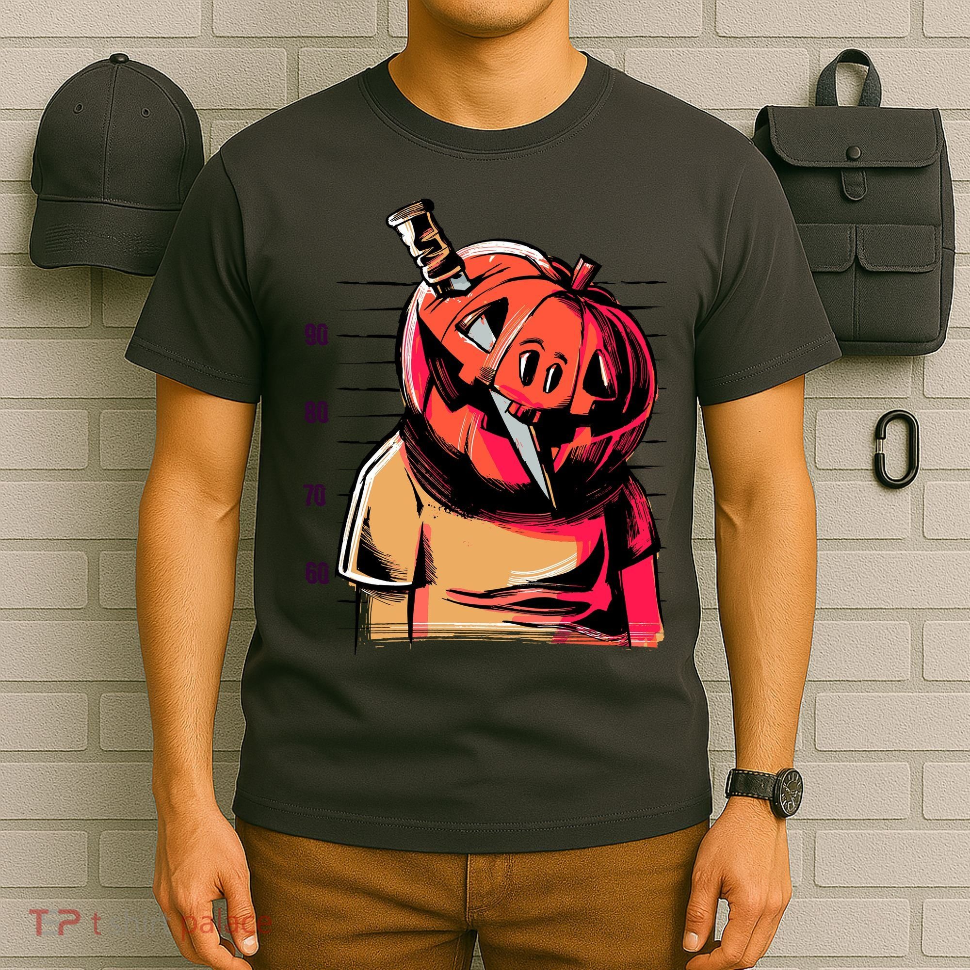 Halloween Pumpkin Head Knife Mug Shot T-Shirt