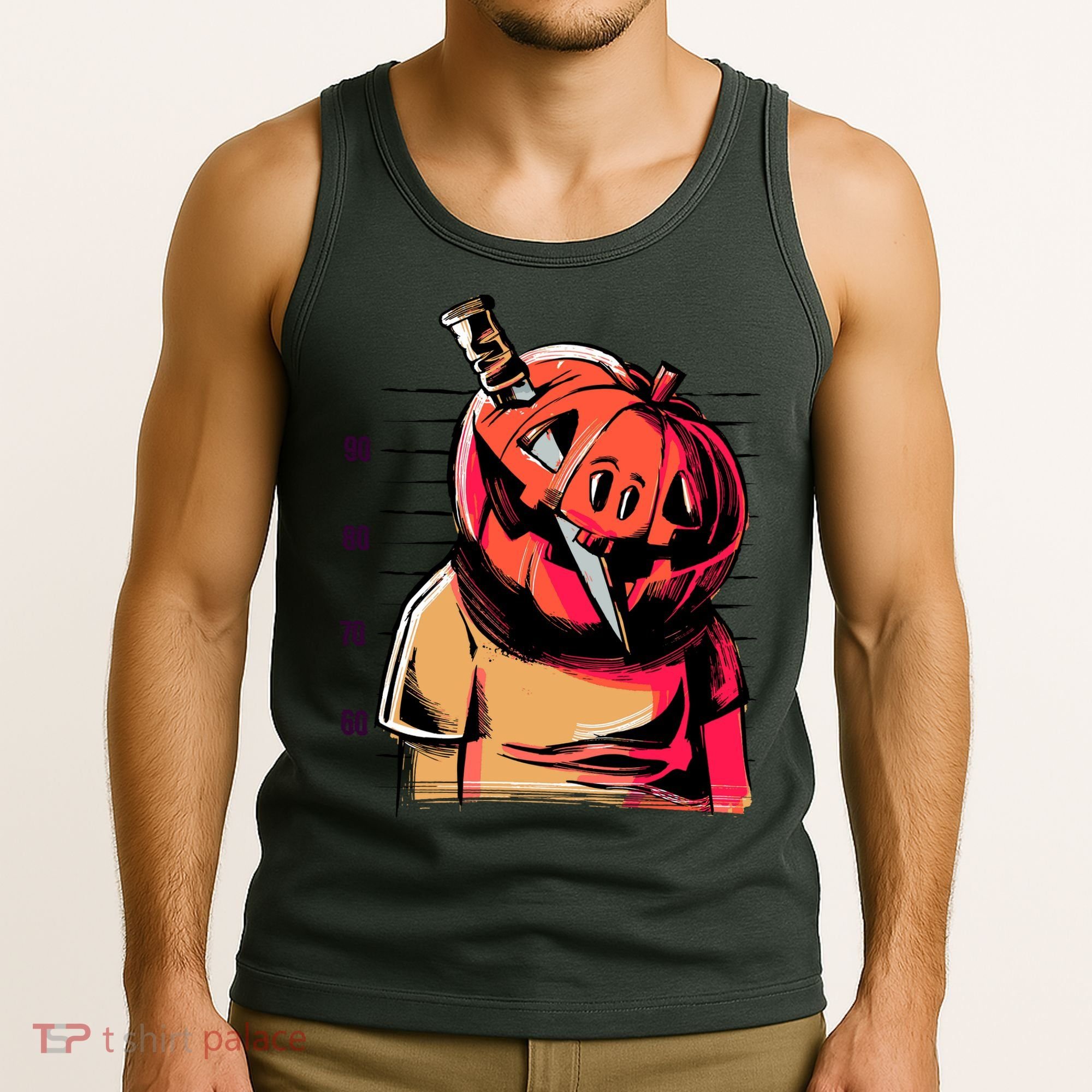 Halloween Pumpkin Head Knife Mug Shot Tank Top