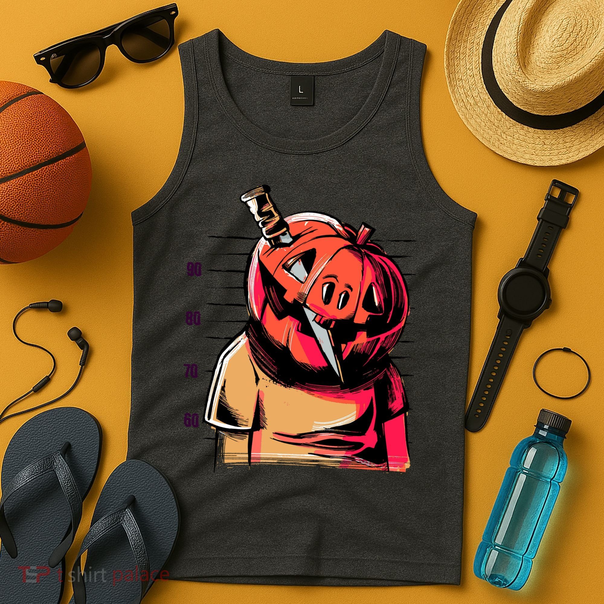 Halloween Pumpkin Head Knife Mug Shot Tank Top