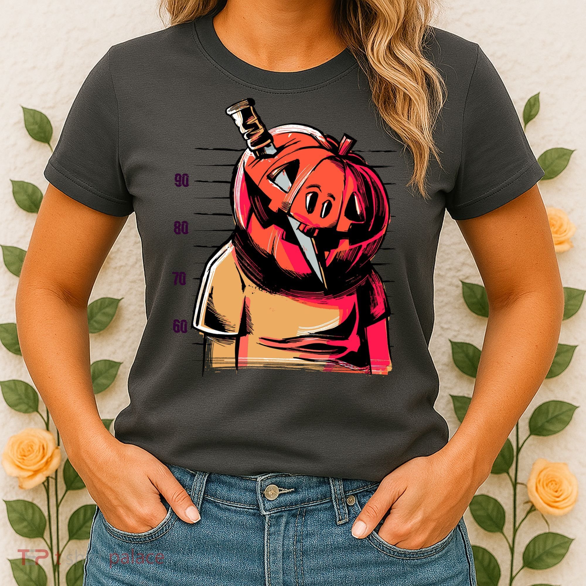 Halloween Pumpkin Head Knife Mug Shot Women's T-Shirt