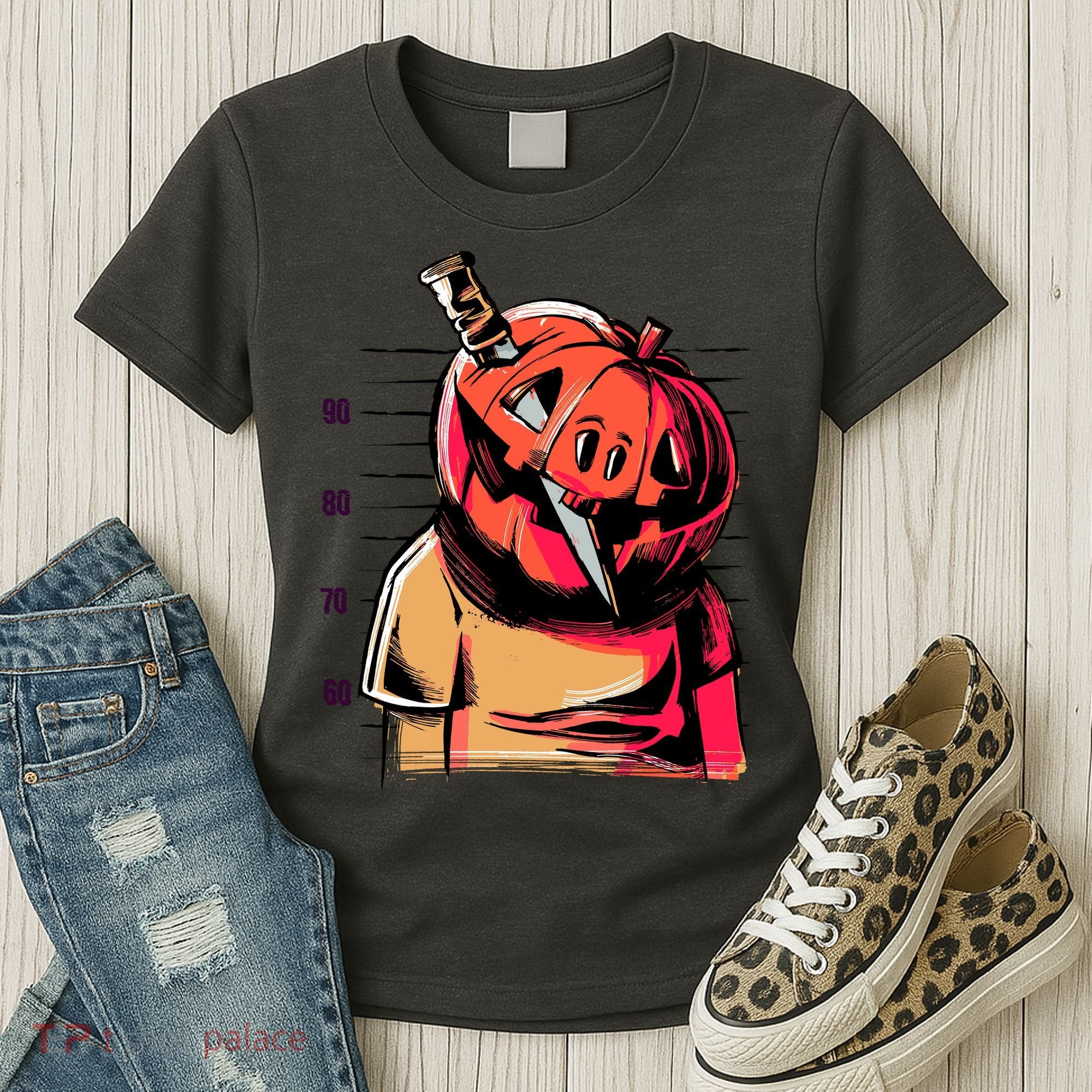 Halloween Pumpkin Head Knife Mug Shot Women's T-Shirt