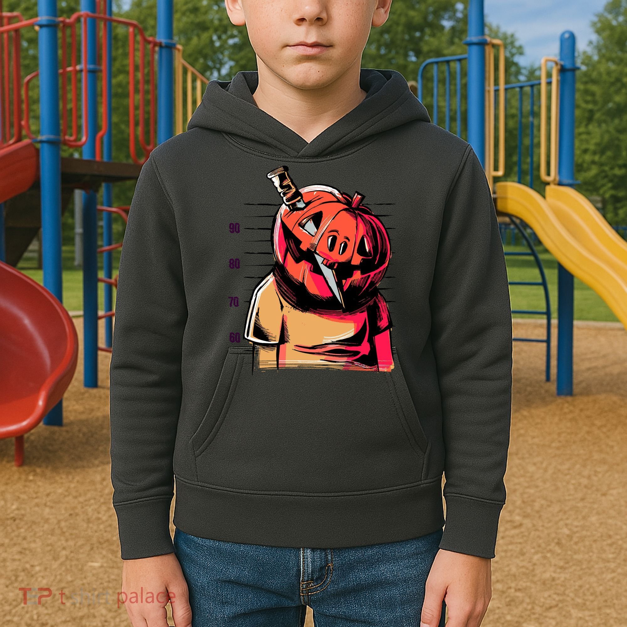 Halloween Pumpkin Head Knife Mug Shot Kids Hoodie