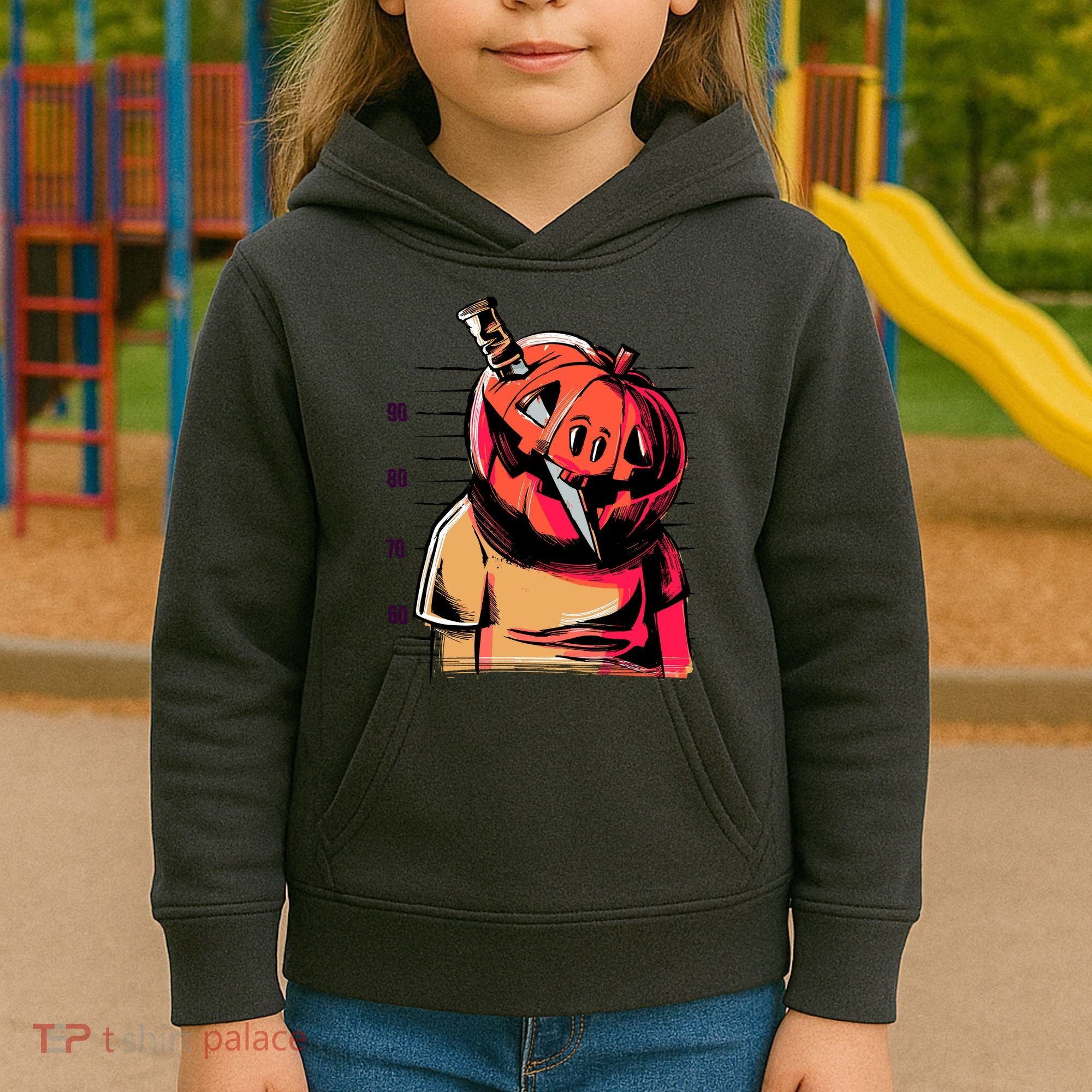 Halloween Pumpkin Head Knife Mug Shot Kids Hoodie