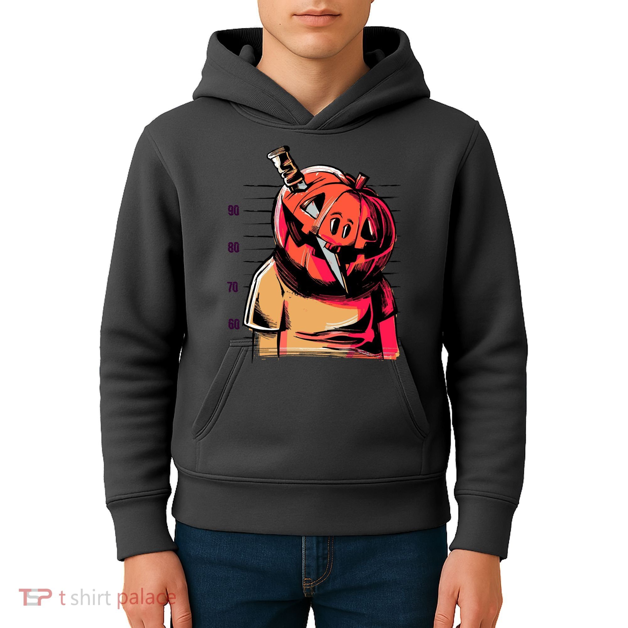 Halloween Pumpkin Head Knife Mug Shot Kids Hoodie