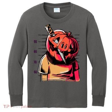 Halloween Pumpkin Head Knife Mug Shot Kids Long Sleeve Shirt