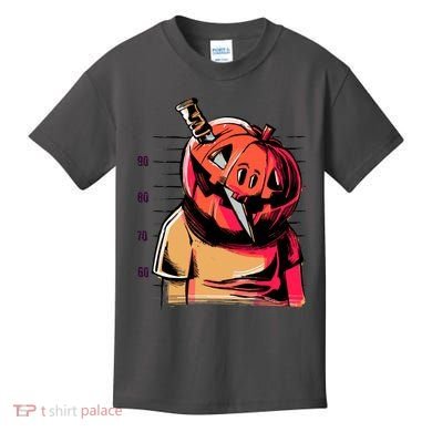 Halloween Pumpkin Head Knife Mug Shot Kids T-Shirt