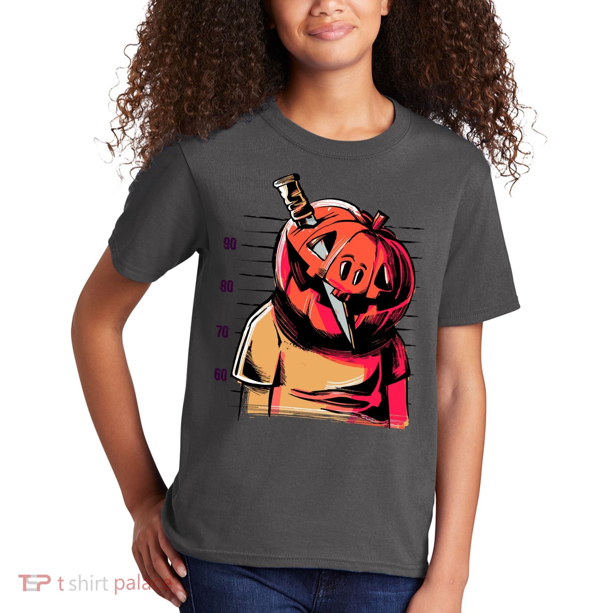 Halloween Pumpkin Head Knife Mug Shot Kids T-Shirt