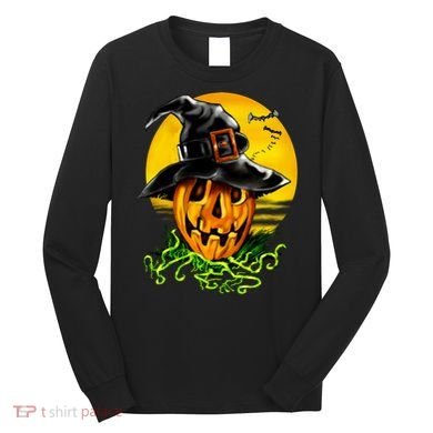 Halloween Pumpkin Wearing Witch Hat Long Sleeve Shirt