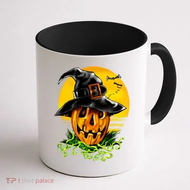 Halloween Pumpkin Wearing Witch Hat Coffee Mug back