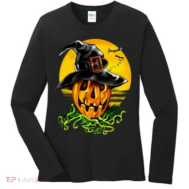 Halloween Pumpkin Wearing Witch Hat Women's Long Sleeve Shirt