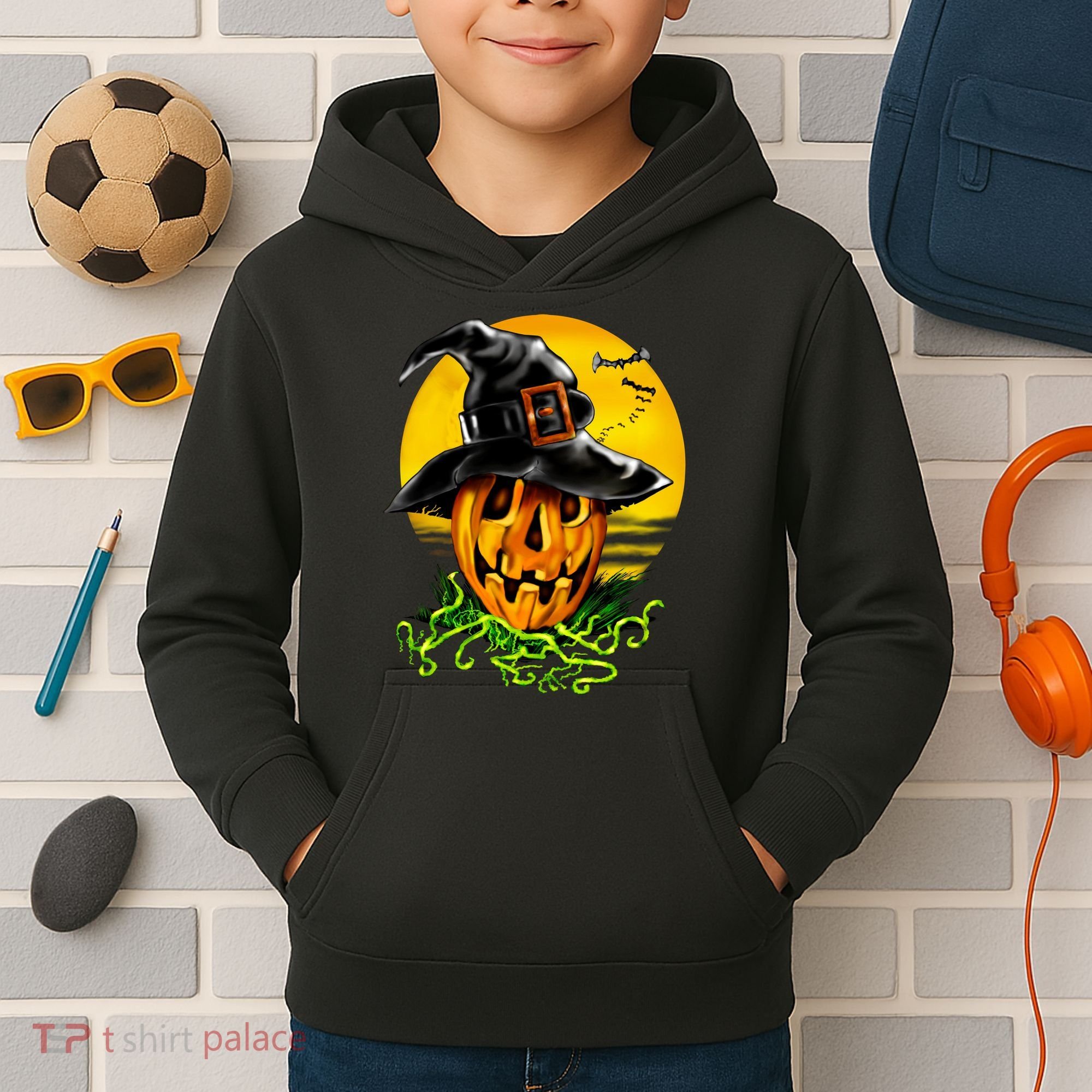Halloween Pumpkin Wearing Witch Hat Kids Hoodie
