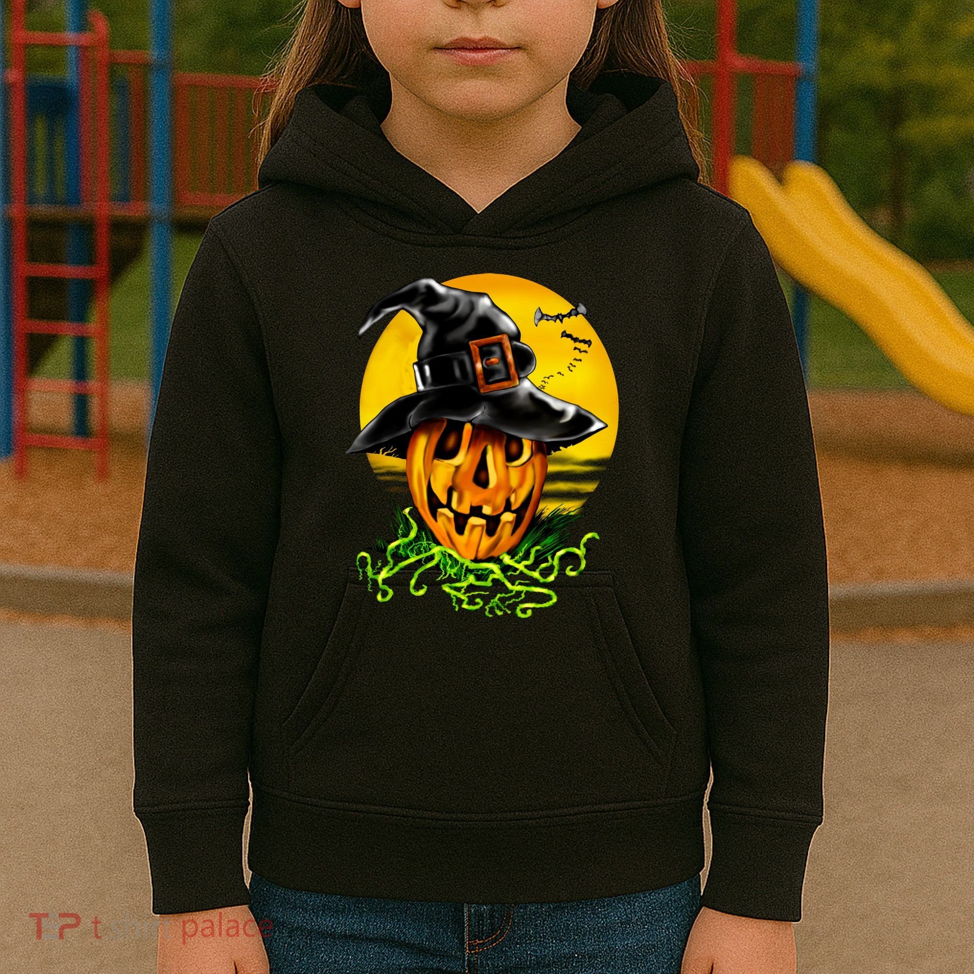Halloween Pumpkin Wearing Witch Hat Kids Hoodie