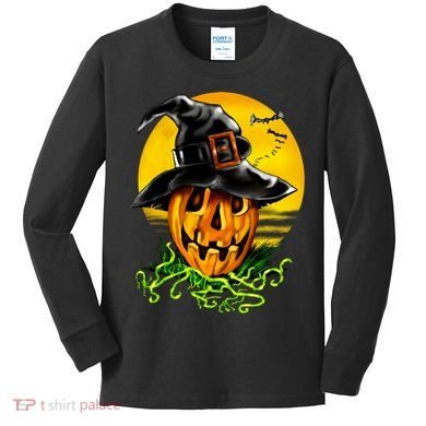 Halloween Pumpkin Wearing Witch Hat Kids Long Sleeve Shirt