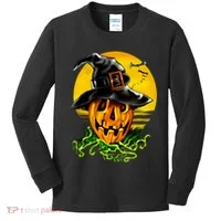 Halloween Pumpkin Wearing Witch Hat Kids Long Sleeve Shirt thumb 0