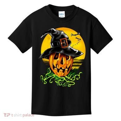 Halloween Pumpkin Wearing Witch Hat Kids T-Shirt