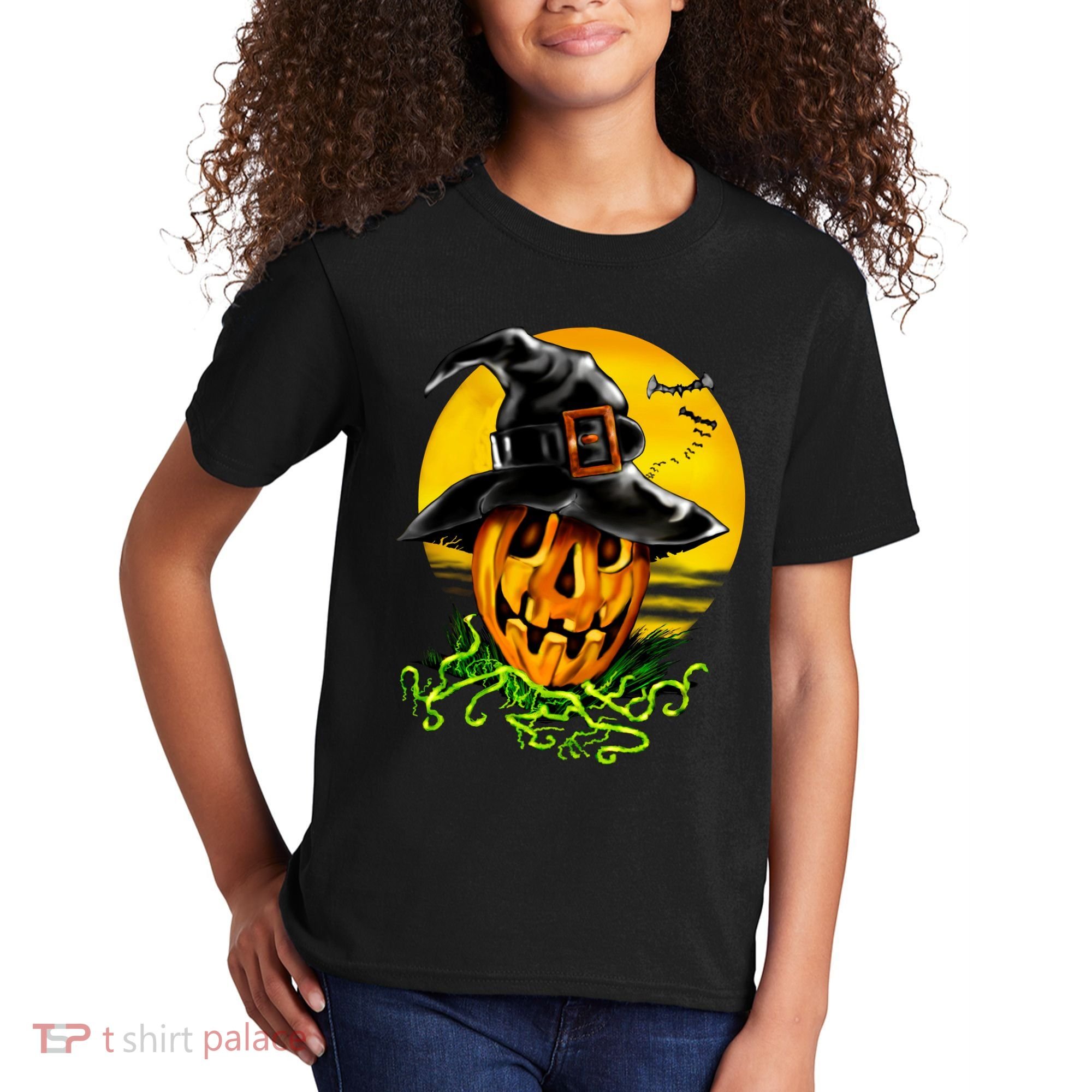 Halloween Pumpkin Wearing Witch Hat Kids T-Shirt