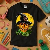 Halloween Pumpkin Wearing Witch Hat Kids T-Shirt thumb 3