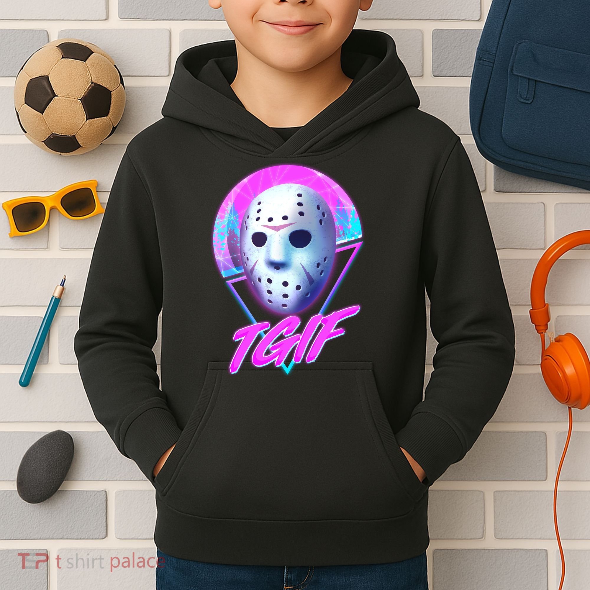 Halloween Retro 80's TGIF Jason Mask Kids Hoodie