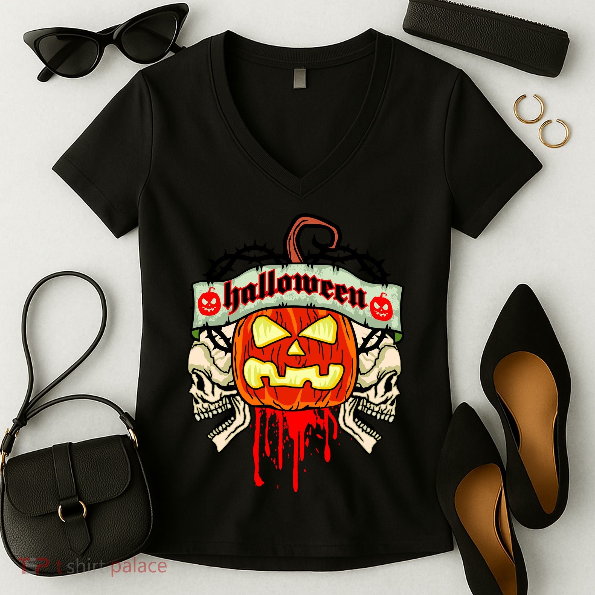 Halloween Skulls Bloody Pumpkin Women's V-Neck T-Shirt